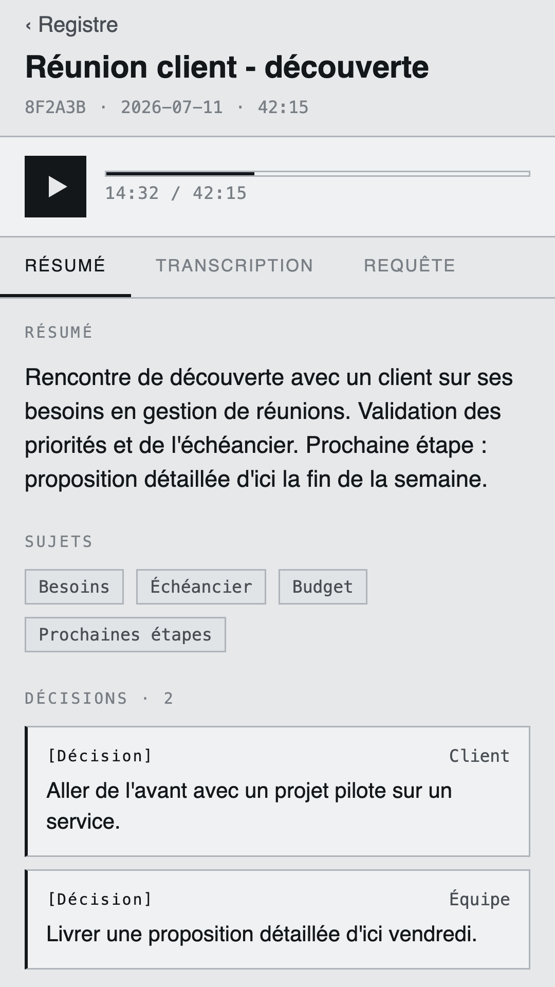Le dossier structuré sur mobile : résumé, sujets et décisions attribuées