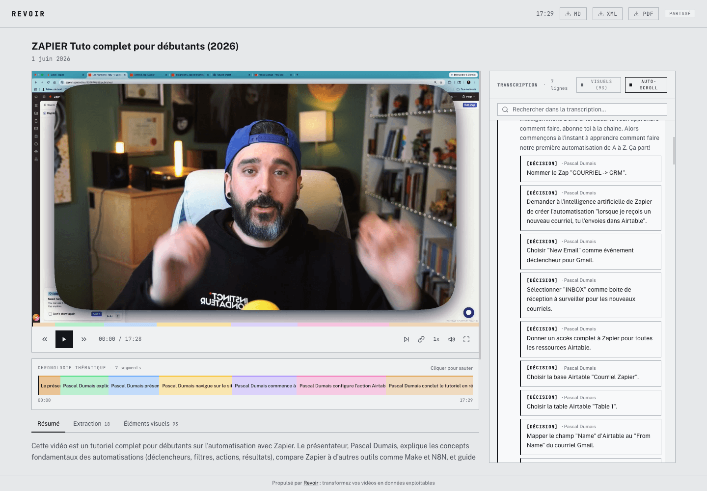 Le dossier Revoir : lecteur vidéo, chronologie thématique en 7 segments colorés, onglets Résumé, Extraction et Éléments visuels, et le panneau de transcription avec les décisions extraites